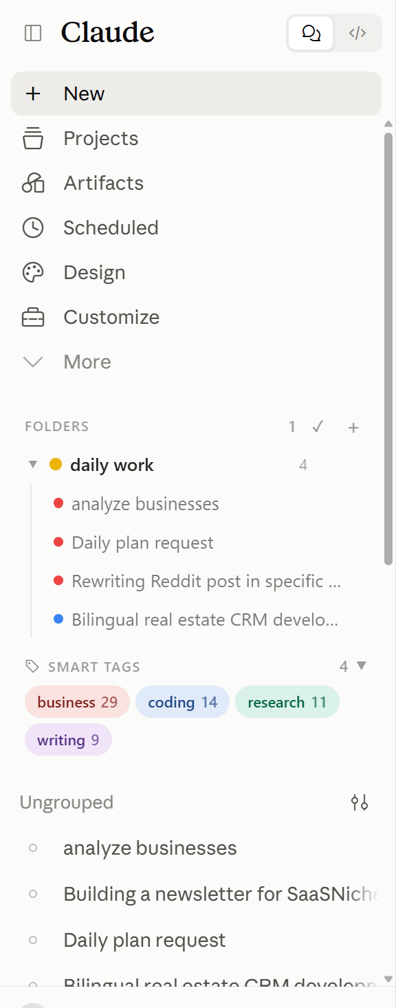 A ChatPeer FOLDERS section in a chat sidebar: a colour-coded 'daily work' folder holding four conversations, with a smart tags row beneath it.