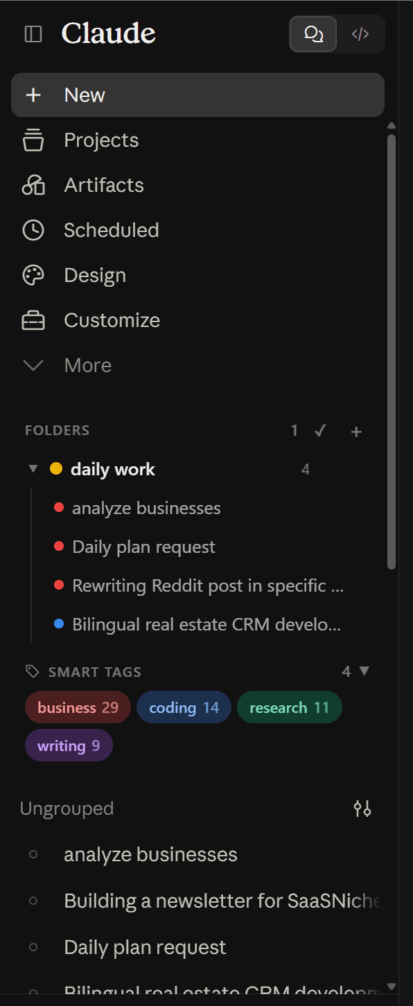 ChatPeer's colour-coded folders and smart tags in a chat sidebar
