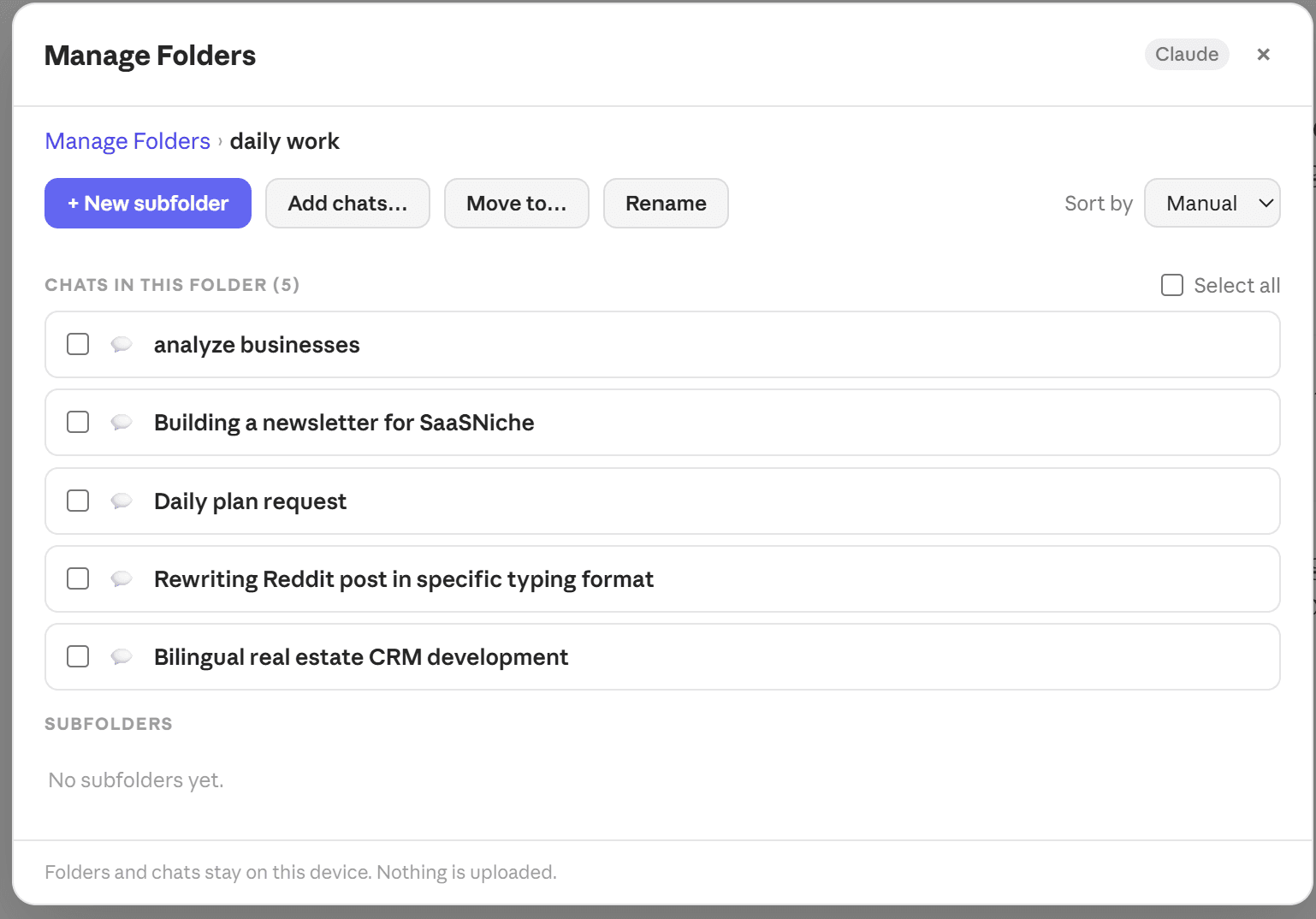 ChatPeer's Manage Folders window open on a folder called 'daily work': a breadcrumb, buttons for new subfolder, add chats, move and rename, a sort control, five checkbox-selectable chats, and an empty subfolders section.