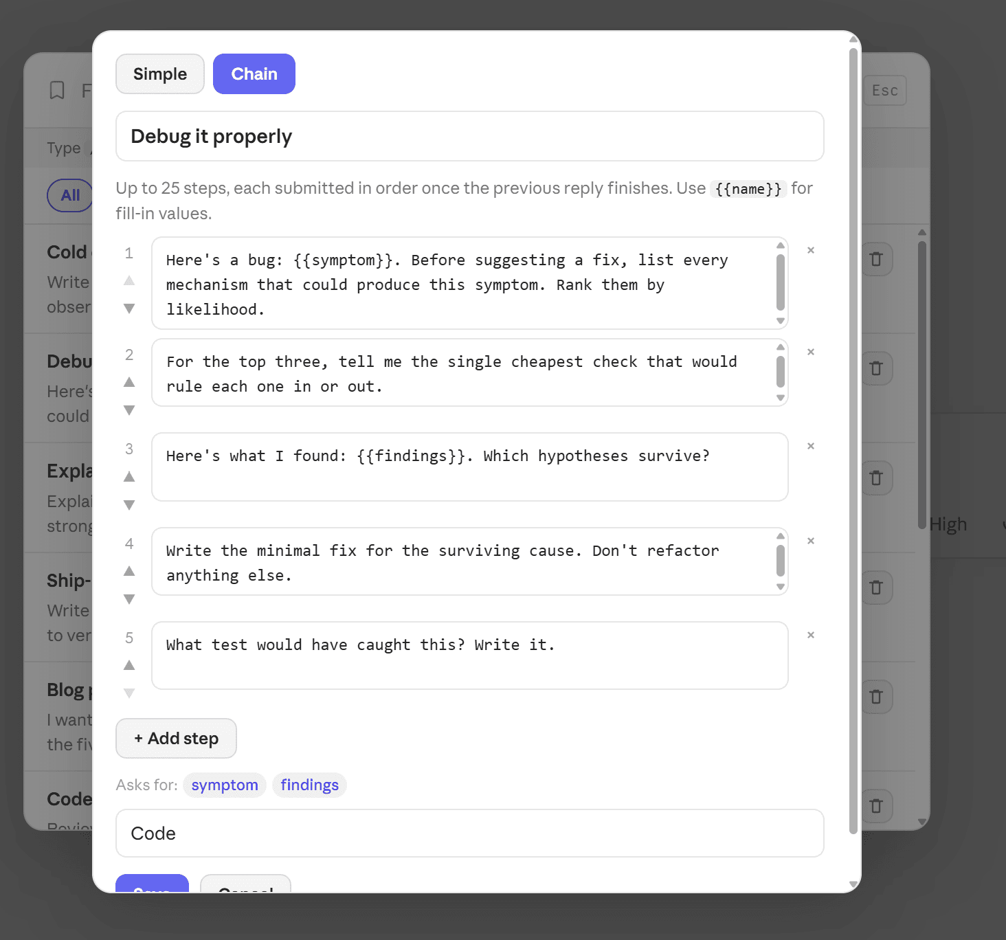 The chain editor for a prompt called 'Debug it properly', with five numbered steps that can be reordered or removed, an Add step button, and the placeholders it asks for listed underneath.
