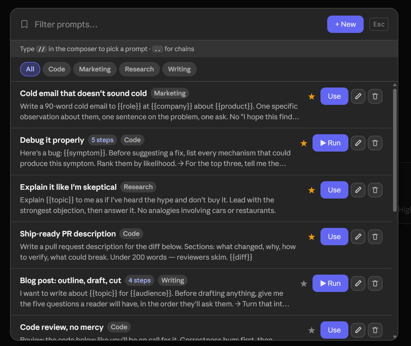 The ChatPeer prompt library: a filter box, category chips for Code, Marketing, Research and Writing, and a list of saved prompts — favourites starred at the top, chains labelled with their step count and a Run button.