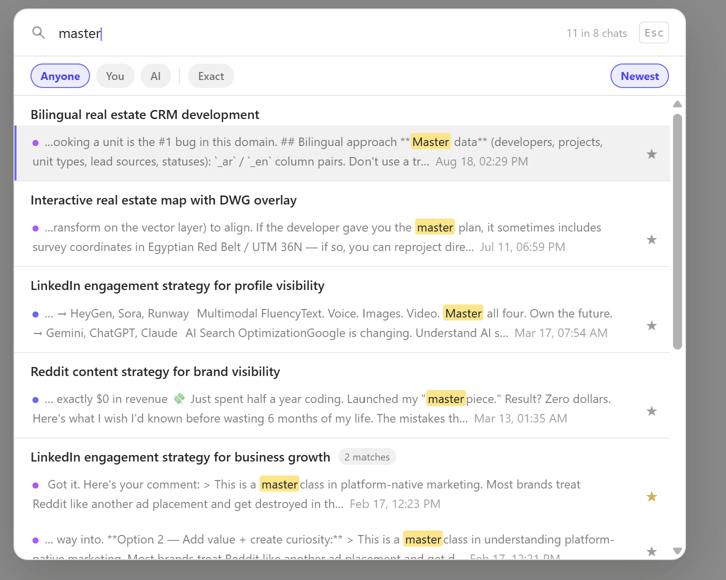 ChatPeer's in-page search with highlighted matches grouped by conversation