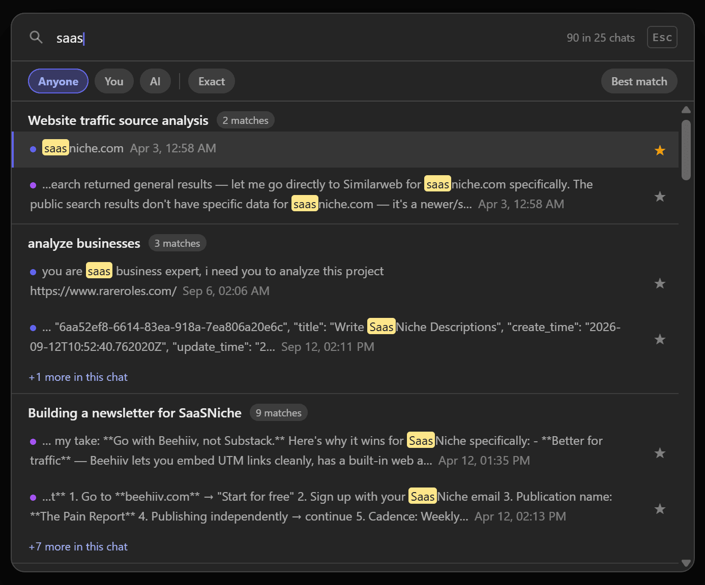 ChatPeer's search modal with Anyone, You, AI and Exact filters and highlighted matches grouped by conversation